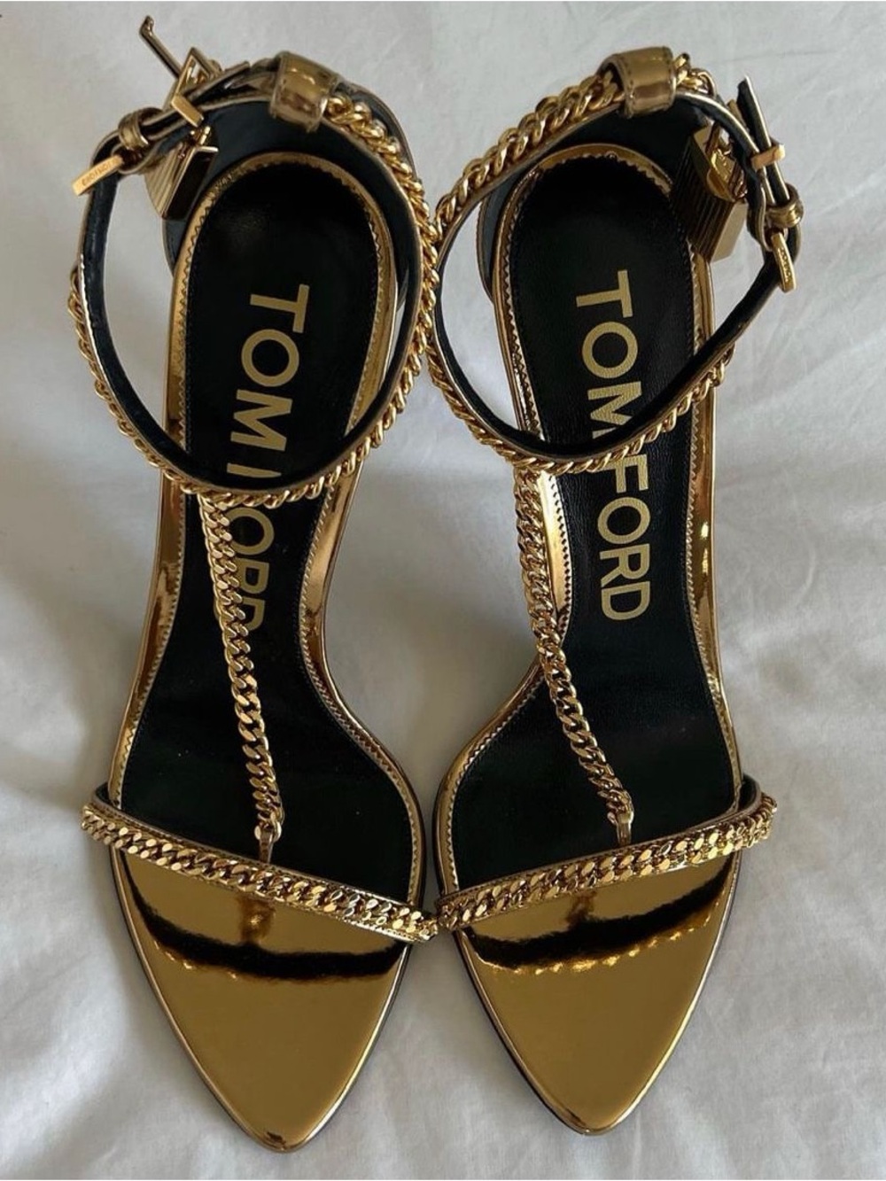Tom Ford Mirror Padlock T-Strap chain leather sandals